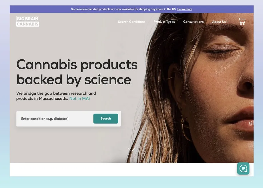 Big Brain Cannabis homepage: Cannabis products backed by science, with a condition search field.