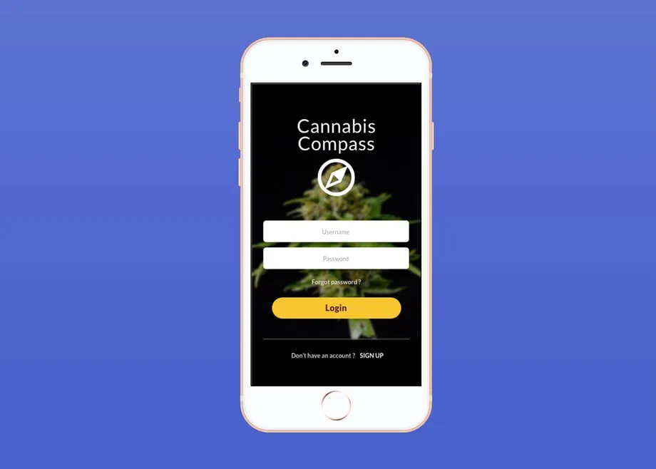 The Cannabis Compass login screen on a phone.