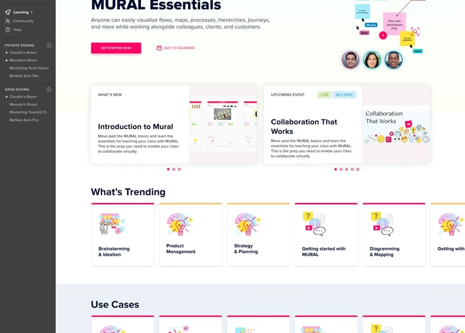 MURAL Essentials learning page, with What's Trending and use-case cards.
