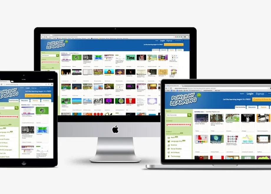 The PowerMyLearning site across a tablet, monitor and laptop, showing learning activities.